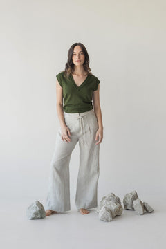High-waist Linen Pants with Origami Belt - Esse-Vanilla Mist-XXS-None/ Option 1