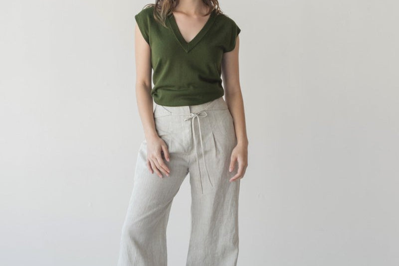 High-waist Linen Pants with Origami Belt - Esse-Vanilla Mist-XXS-None/ Option 1