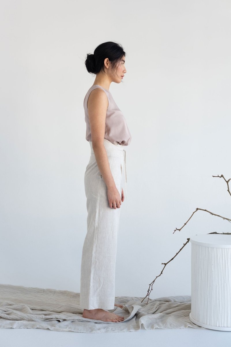 High-waist Linen Pants with Origami Belt - Esse-Vanilla Mist-XXS-None/ Option 1