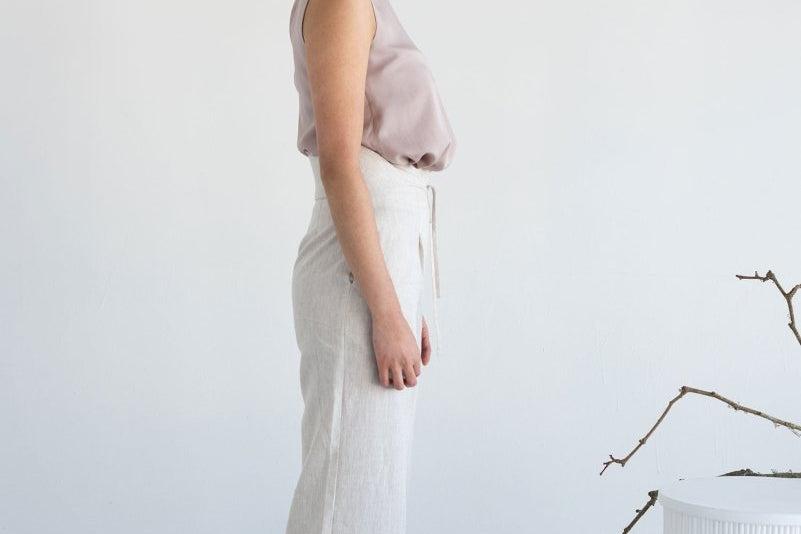 High-waist Linen Pants with Origami Belt - Esse-Vanilla Mist-XXS-None/ Option 1