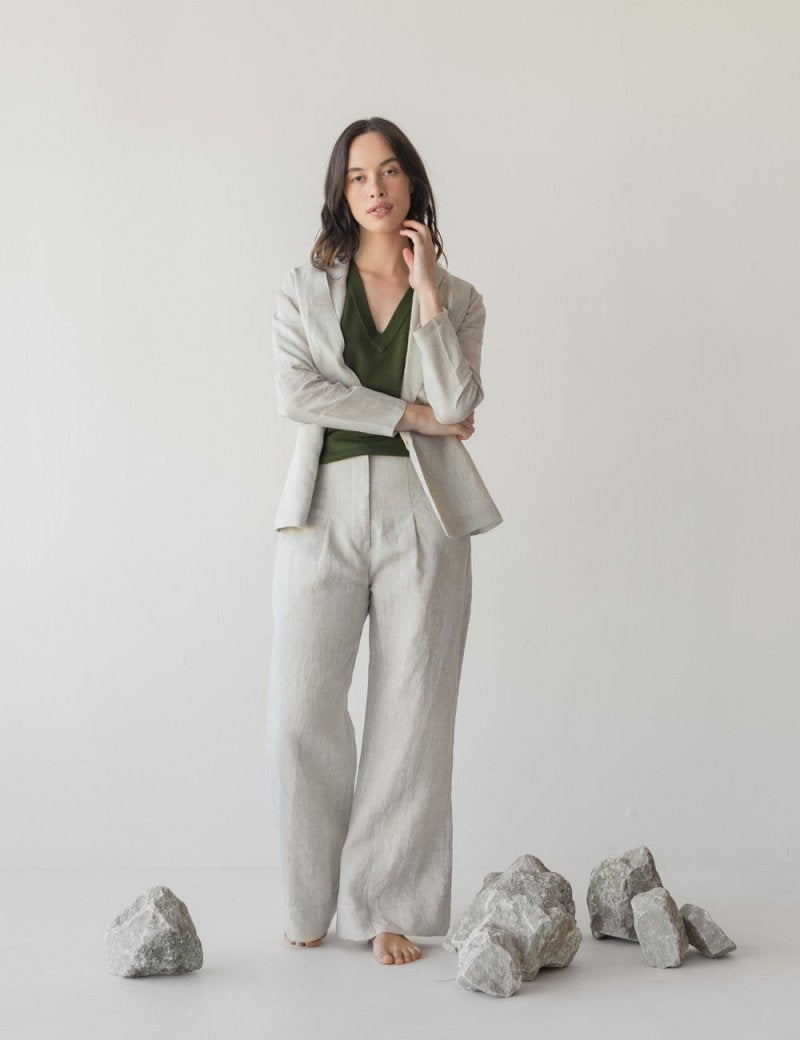High-waist Linen Pants with Origami Belt - Esse-Vanilla Mist-XXS-None/ Option 1