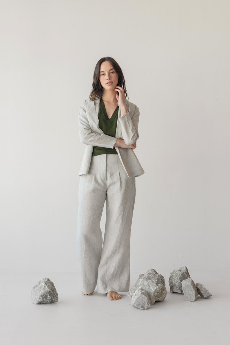 High-waist Linen Pants with Origami Belt - Esse-Vanilla Mist-XXS-None/ Option 1