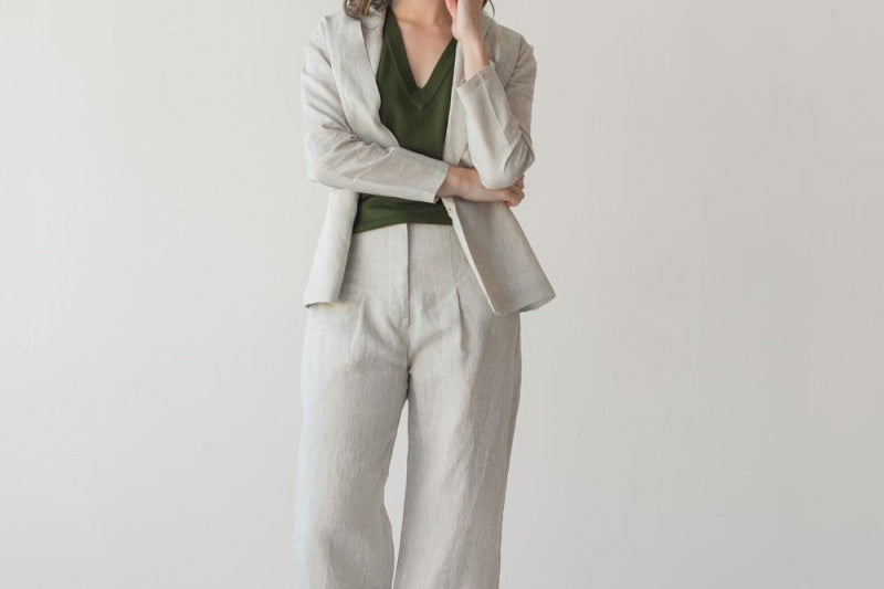 High-waist Linen Pants with Origami Belt - Esse-Vanilla Mist-XXS-None/ Option 1