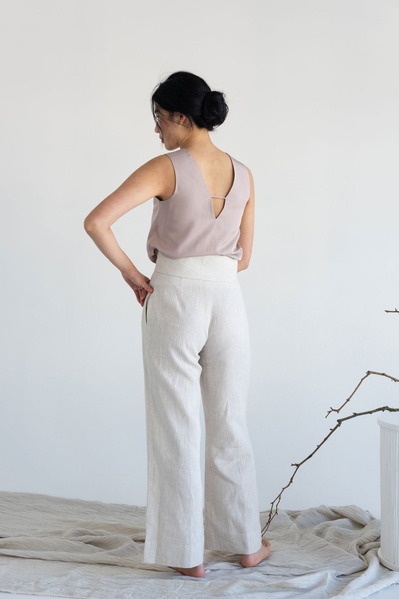 High-waist Linen Pants with Origami Belt - Esse-Vanilla Mist-XXS-None/ Option 1