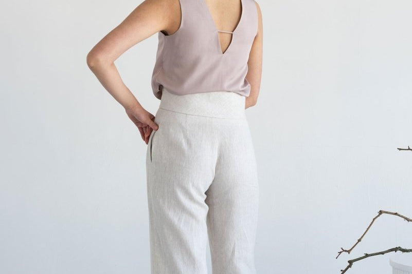 High-waist Linen Pants with Origami Belt - Esse-Vanilla Mist-XXS-None/ Option 1