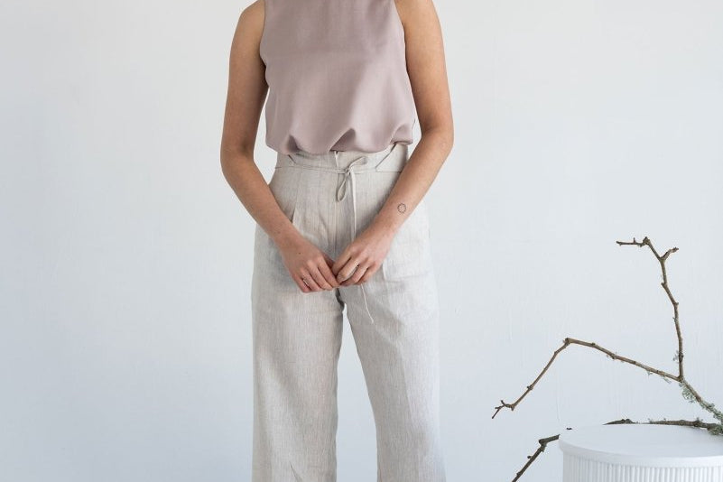 High-waist Linen Pants with Origami Belt - Esse-Vanilla Mist-XXS-None/ Option 1