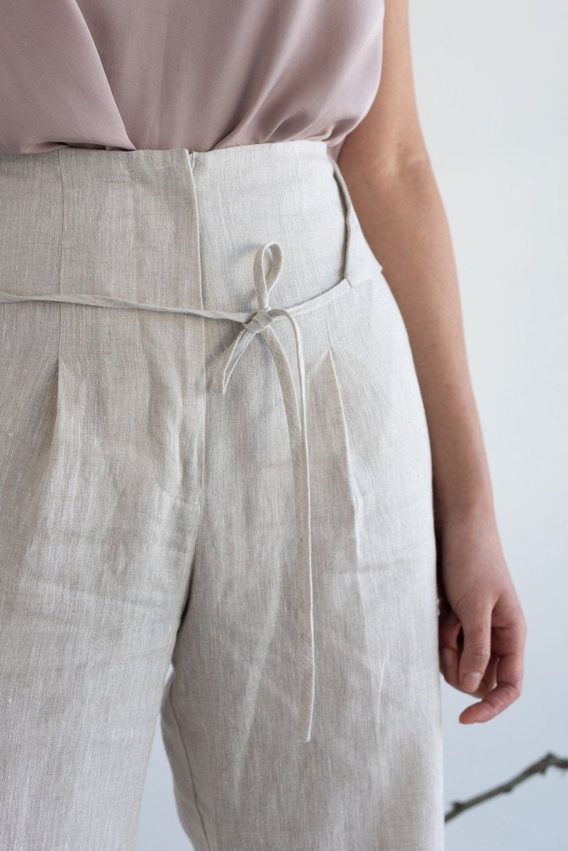 High-waist Linen Pants with Origami Belt - Esse-Vanilla Mist-XXS-None/ Option 1