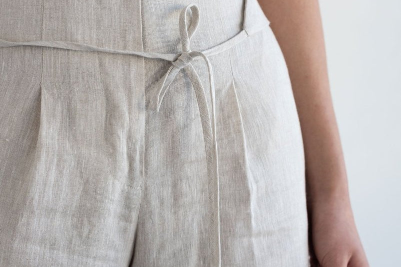 High-waist Linen Pants with Origami Belt - Esse-Vanilla Mist-XXS-None/ Option 1