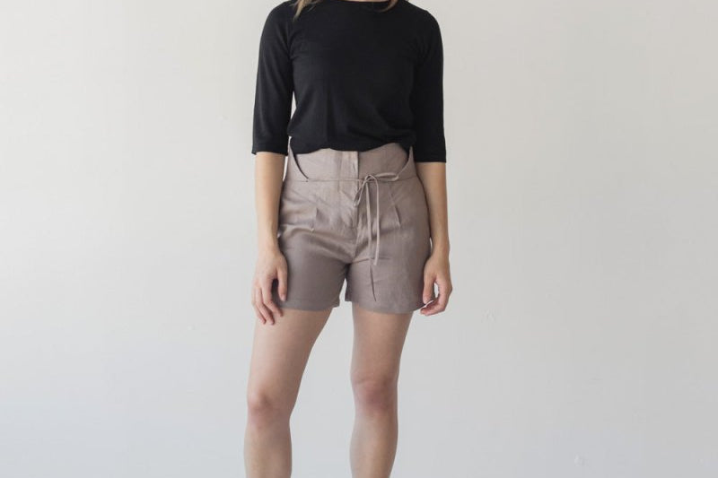 High-waist Linen Shorts with Origami Belt - Esse-Mushroom-XXS-None/ Option 1