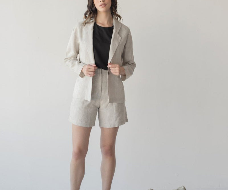 High-waist Linen Shorts with Origami Belt - Esse-Vanilla Mist-XXS-None/ Option 1