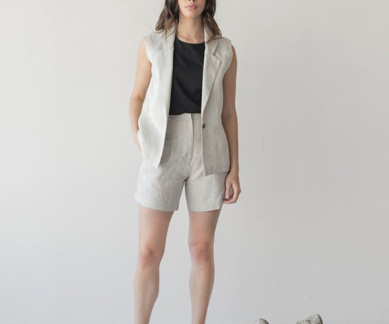 High-waist Linen Shorts with Origami Belt - Esse-Vanilla Mist-XXS-None/ Option 1