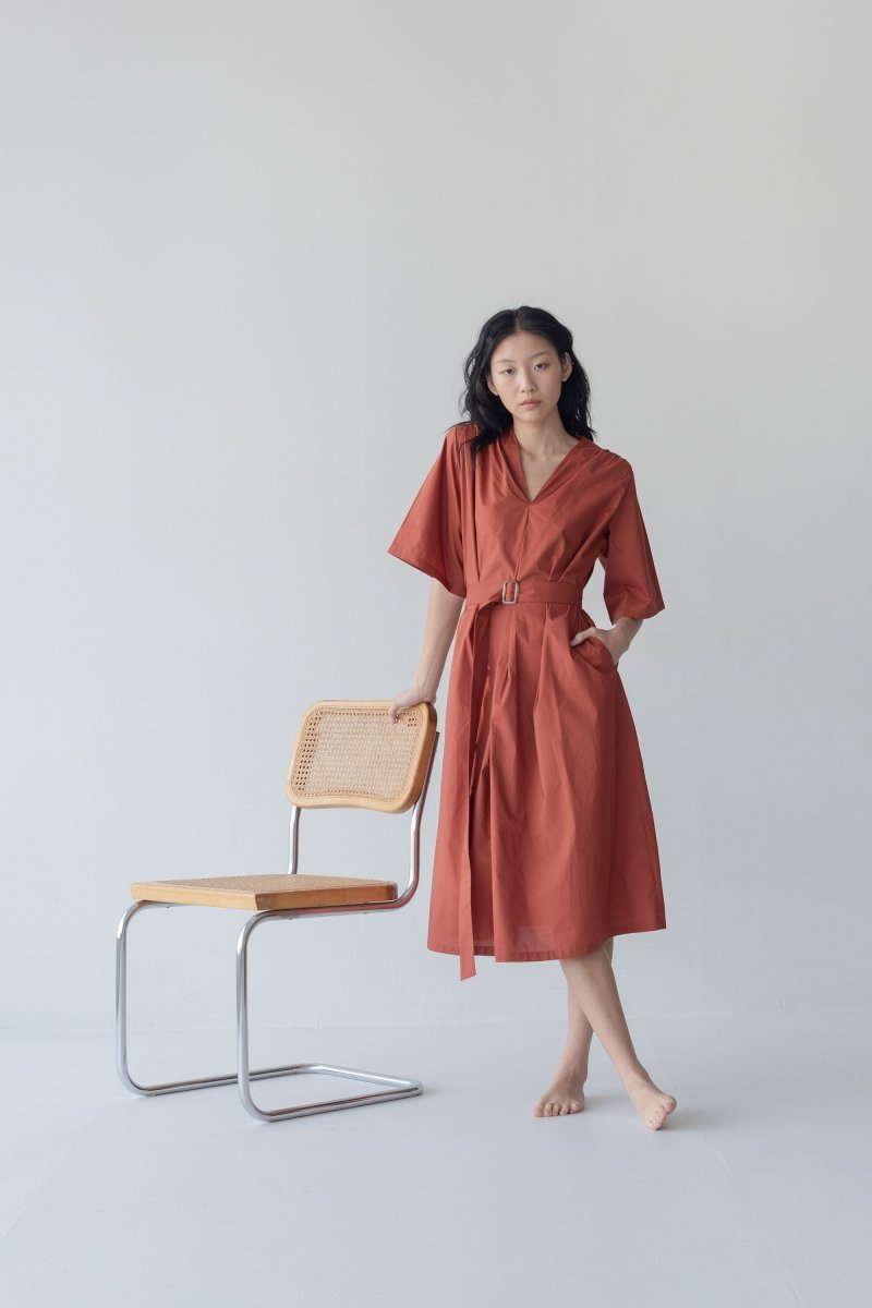 Maxi Dress with Detachable Belt - Esse-Terracotta-XXS-