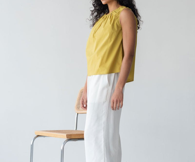 Organic Cotton Drawstring Blouse in Chartreuse - Esse-XXS--