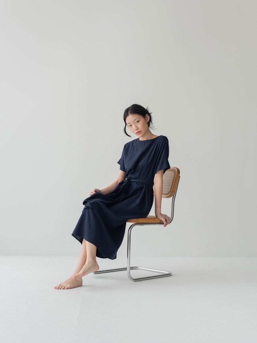 Relaxed Maxi Dress with Sleeves - Esse-Nautical Blue-XS-