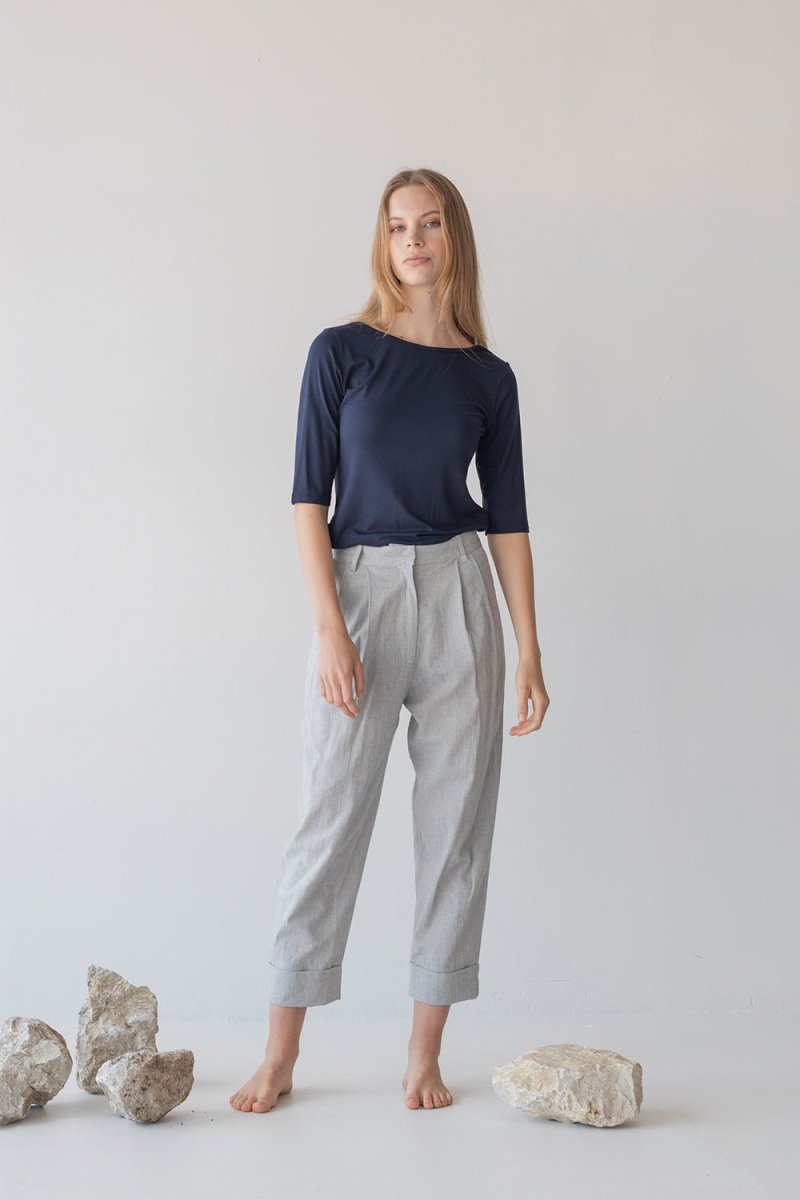 Tailored Cuffed Pants in Washi Cotton Blend - Esse-Nautical Blue-XXS (MTO)-Option 1
